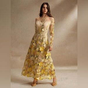 Yellow 3D Embroidered  Floral Mesh Long Sleey
